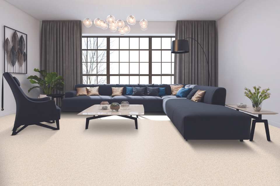 plush high pile white carpet in cozy modern living room with navy blue sectional